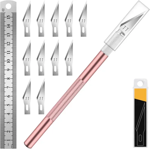 Miniatura 18 de DIYSELF 1 Pieza Cuchillo de Manualidades Cuchillo de Hobby con Kit de 11 Piezas Cuchillas de Acero Inoxidable, 1 Regla de Acero de 15CM para Arte