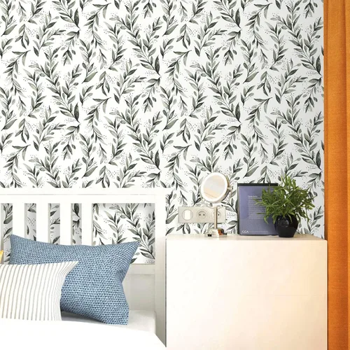 Miniatura 4 de Erfoni Papel Tapiz Verde y Blanco Despegar y Pegar Papel Tapiz de Contacto Floral para Dormitorio 17.7 pulgadas x 78.7 pulgadas Papel Tapiz