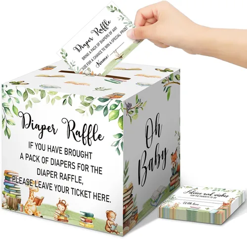 Miniatura 51 de Teling 51 boletos para rifas de pañales con caja de tarjetas, decoración de baby shower, caja de soporte para baby shower, para fiesta de rifas