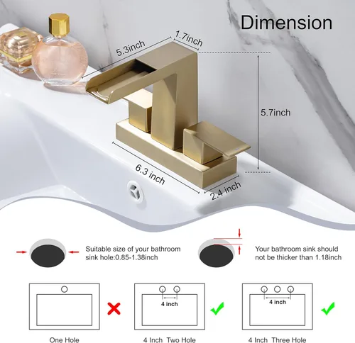 Miniatura 4 de Grifo de cascada de baño central de 4 pulgadas, 2 manijas y 3 agujeros, grifo de lavabo de cascada con desagüe desplegable con desbordamiento, oro