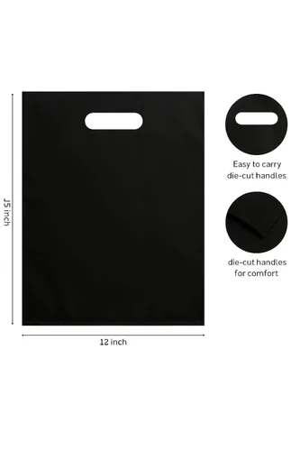 Infinite Pack Bolsa de Plástico con Asa Troquelada Bolsa de 12" x 15" Bolsas de Mercancía de Plástico Negro Paquete de 100 para Venta al Por Menor,