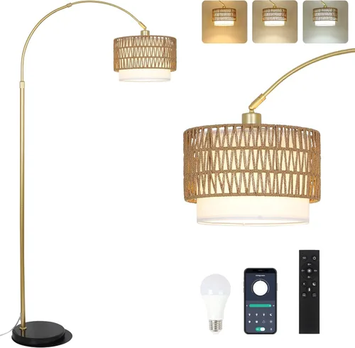Miniatura 12 de Lámparas de pie arqueadas para sala de estar con 3 temperaturas de color, lámpara de pie negra con control remoto y bombilla LED regulable, lámpara