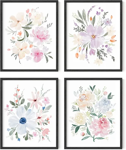Miniatura 17 de HAUS AND HUES Arte de pared floral gris, juego de 4 pósteres de plantas para pared vintage, impresiones botánicas, cuadros de flores en blanco