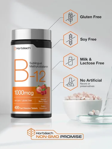 Miniatura 5 de Horbäach Vitamina B12 1000 mcg Sublingual 400 Comprimidos de Disolución Rápida Suplemento de Metilcobalamina para Mujeres y Hombres Sabor a