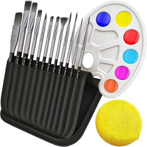 ADI&Guys - Juego de pinceles de pintura – 12 pinceles con estuche de viaje, paleta de mezcla y esponja – para acrílico, óleo, acuarela y pintura
