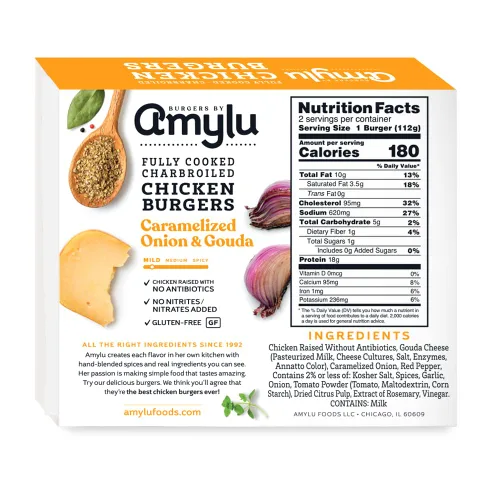 Miniatura 2 de Amylu Foods - Hamburguesa de Pollo con Cebolla Caramelizada y Gouda, Ingredientes Naturales, 18g de Proteína, Pollo Criado sin Antibióticos