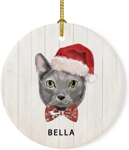 Miniatura 8 de Andaz Press Adorno redondo personalizado de cerámica para árbol de Navidad, abisinio, corona de acebo, sombrero de Papá Noel, con gráfico de gato