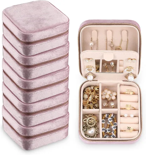 Yinkin Joyero de viaje portátil de 6 piezas, caja de regalo de dama de honor, joyero de terciopelo, pequeño organizador de joyas de viaje, mini