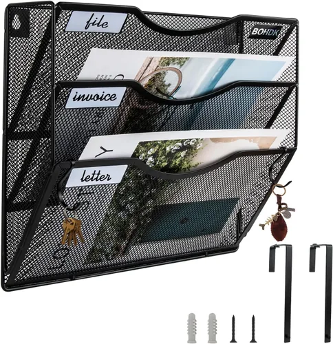 BOHDK Organizador de Archivos de Pared, Carpeta de Archivos Colgante de 3 Niveles, Organizador de Correo Vertical de Malla Metálica para