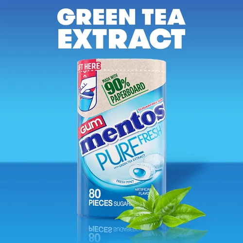 Miniatura 5 de Mentos Pure Fresh Goma de mascar sin azúcar, con xilitol, menta fresca (Fresh Mint), botella de 80 unidades, botella reciclable de 90% cartón, 80