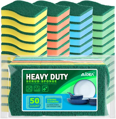 AIDEA Esponjas de cocina, paquete de 50 esponjas de platos resistentes, esponja de limpieza para el hogar y la cocina, suministros de limpieza sin