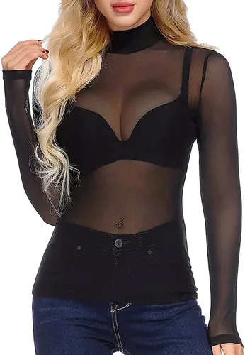 Miniatura 2 de Blusa de manga corta o larga para club, pura malla traslúcida, estilo body