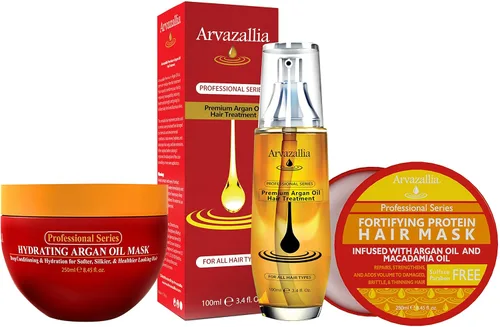 Arvazallia Paquete de mascarilla y tratamiento de aceite de argán - Máscara hidratante de proteína con aceite de argán premium para reparación del
