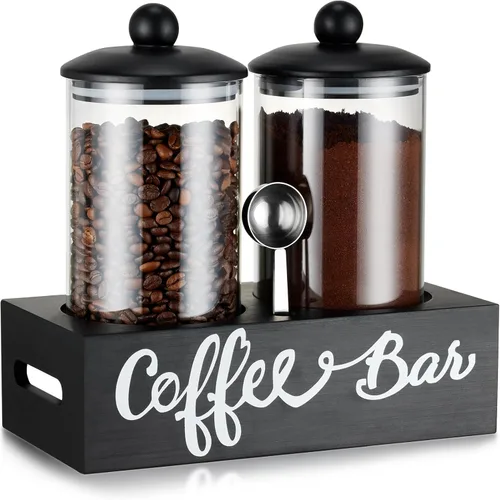 Miniatura 12 de Yangbaga Recipiente de Café de Vidrio con Estante de Madera, Juego de 2×45OZ Recipientes de Café y Azúcar, Recipientes de Café con Tapas Herméticas
