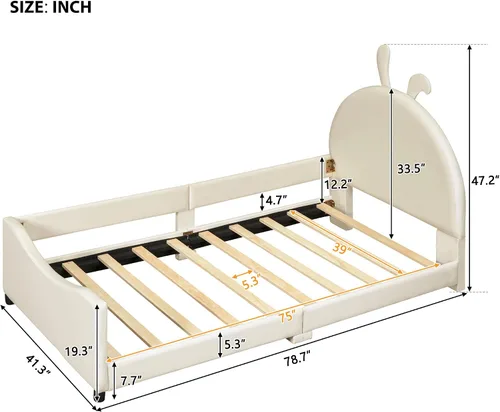 Miniatura 2 de Sofá cama de terciopelo de tamaño individual con cabecera en forma de oreja de conejo, marcos de cama de plataforma individual para niños y niñas