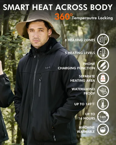 Miniatura 3 de ARRIS Mens Heated Jacket, Electric Heating Coat with 7.4V Battery and Detachable Hood - Waterproof, 8 Heating Areas