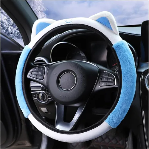 Miniatura 10 de Bittwee Funda para volante de automóvil, felpa suave y esponjosa para invierno cálido, bonito protector de volante con orejas de gatito, universal