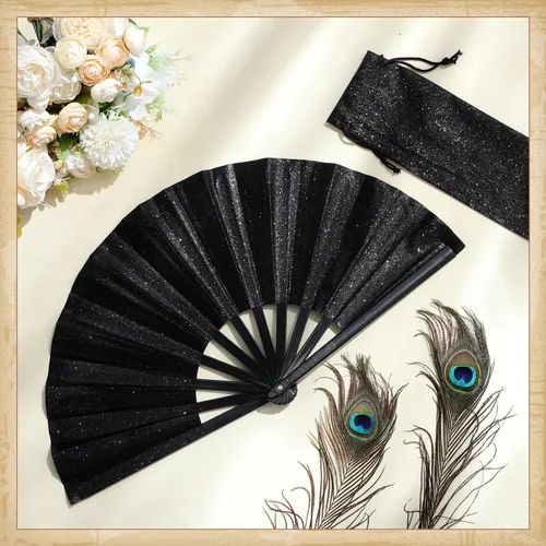 Miniatura 6 de Blulu Abanicos grandes con purpurina negra plegable para rave, abanico de mano de seda para baile de línea, chino, hacer sonidos para mujeres, Negro