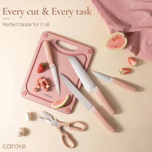 Miniatura 7 de CAROTE Juego de 9 piezas de cuchillos de cocina con bloque y afilador, cuchillos aptos para lavavajillas para cocina, cubiertos forjados con Rosa