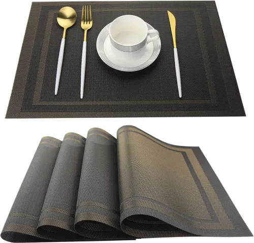 Miniatura 11 de Juego de 6 manteles individuales de plástico lavables para mesa de cocina, resistentes al calor, de vinilo tejido, para exteriores, 12 x 18 Dorado