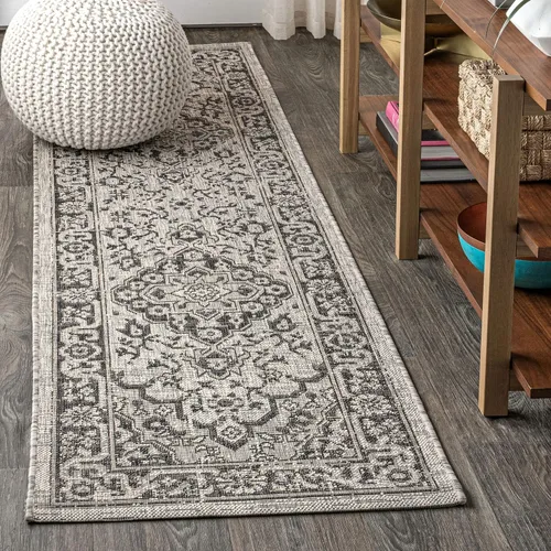 JONATHAN Y Alfombra bohemia con medallón para interiores y exteriores, 2 x 8 pies, color gris/negro, tejido texturizado Rozetta para patio trasero,