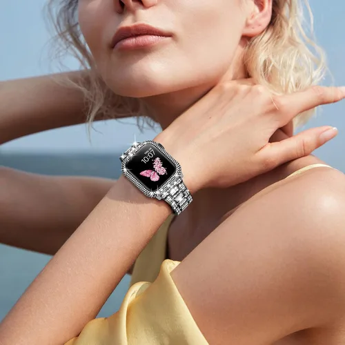 Miniatura 2 de Mosonio Compatible con correas brillantes para Apple Watch de 40/44/41/45/42/1.811 in con caja de metal brillante, bandas de diamantes de lujo