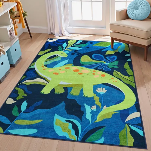 Miniatura 6 de LIVEBOX Alfombras lavables de dinosaurio de 3 x 5 pies para dormitorio de niños, alfombra suave de animales para sala de juegos de niños, alfombras