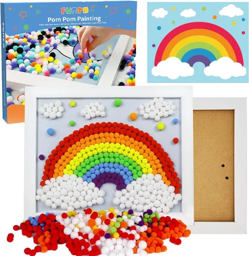 Miniatura 8 de Kit de Arte de Pintura de Pompones de Unicornio Funto, Más de 1100 Pompones, Lienzo y Marco Resistente para Decoración del Hogar, Manualidades