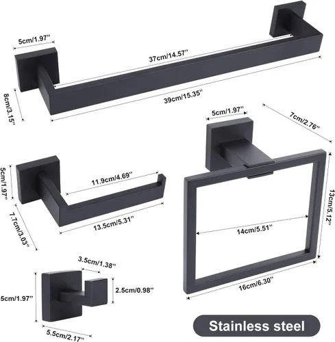 Miniatura 7 de Accesorios de baño de acero inoxidable negro mate, juego de 5 piezas con toallero cuadrado de 16 pulgadas, toallero y soporte