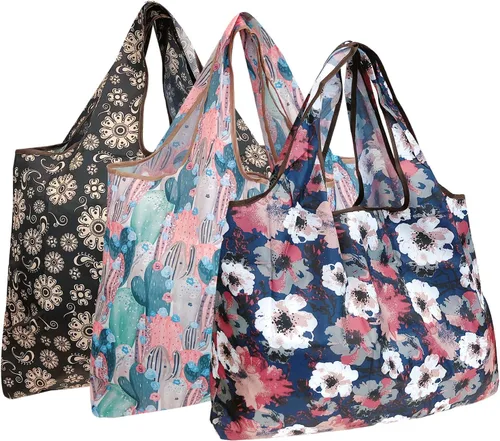 Miniatura 47 de alldyrew - Bolsa plegable para compras, reutilizable de nailon grande, 3 unidades Deliciosos alimentos