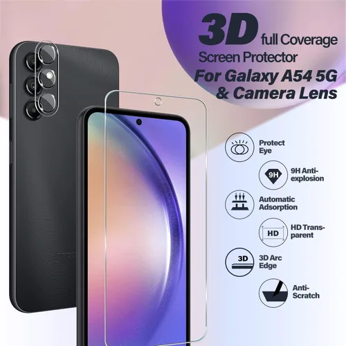 Miniatura 2 de BIGFACE Protector de Pantalla de Vidrio Templado para Galaxy A54 + Protector de Lente de Cámara [Paquete de 2 + 2] [Desbloqueo por Huella Dactilar]
