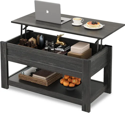 Miniatura 14 de WLIVE - Mesa de centro con parte superior elevable de 47", mesa de centro con compartimento oculto y 2 estantes de almacenamiento para sala de Roble