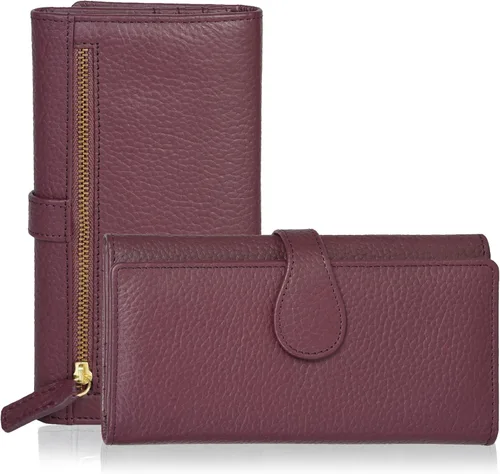 Miniatura 27 de Cartera de cuero genuino para mujer de cuero con bloqueo RFID - Tarjetero triple de diseñador para damas tipo clutch con ventana de identificación