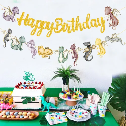 Miniatura 6 de Pancartas de fiesta de cumpleaños de dragón, 2 piezas recortadas de fantasía, pancarta dorada para suministros de baby shower de caballero