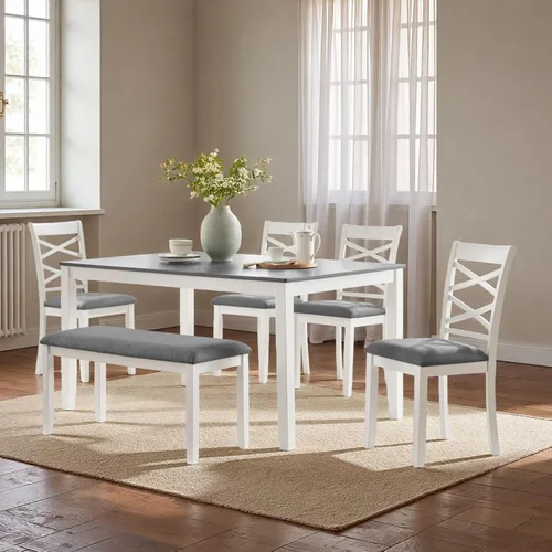 Miniatura 16 de Juego de mesa de comedor para 4, juego de mesa de comedor de 5 piezas con mesa cuadrada y 4 sillas tapizadas de tela de lino, modernos