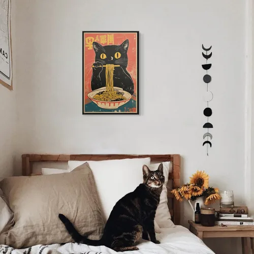 Miniatura 6 de Arte de pared vintage de gato japonés en lona, póster de gato negro peculiar comiendo ramen, impresión de arte retro de animales divertidos