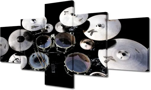 Miniatura 16 de Arte de pared en blanco y negro, kit de batería de jazz morado sobre fondo negro, pinturas de 5 paneles, lienzo, arte de pared para decoración