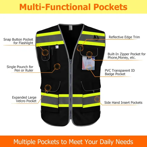 Miniatura 3 de TCCFCCT Hi Vis Chaleco de seguridad reflectante de alta visibilidad con 9 bolsillos para hombres y mujeres, chaleco de trabajo de construcción