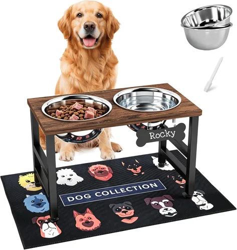 Miniatura 16 de ADENGL Tazones elevados para perros con alimentador lento, 5 alturas ajustables, antideslizante, marco de metal duradero, tapete a prueba de Negro