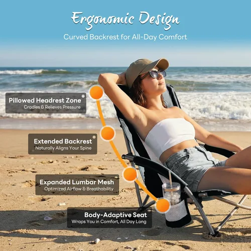 Miniatura 6 de NEWBULIG Silla de playa plegable para adultos, silla de césped de perfil bajo con portavasos y bolsa de transporte, asiento extra ancho y respaldo