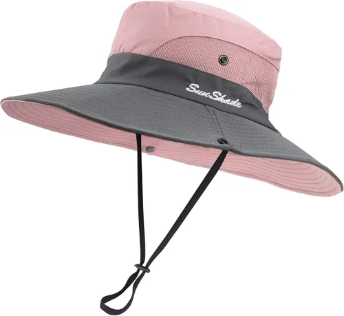 Miniatura 18 de Sombrero de sol de verano para mujer, cola de caballo – Protección UV de malla de ala ancha plegable con agujero para cola de caballo