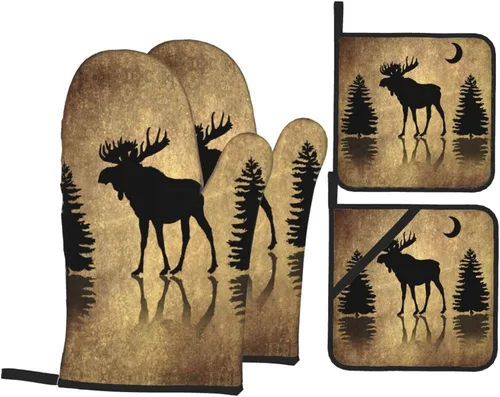 Manoplas de horno y agarraderas rústicas con diseño de alce, ciervo, bosque, pino, luna, juego de 4 manoplas de horno de animales vintage