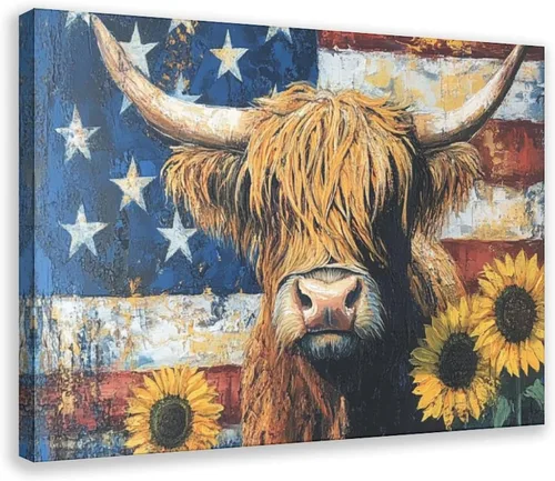 Miniatura 20 de JDBeehpy Arte de pared de vaca de las tierras altas de granja, bandera americana, sin marco, póster patriótico para el Día de la Independencia del 4