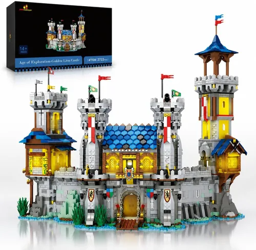 JMBricklayer Juego de construcción de castillo medieval para adultos, ideas de modelo de casa, juego de construcción con luz LED, coleccionable o