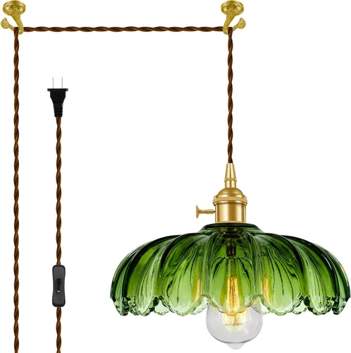 Lámpara colgante enchufable, lámpara colgante, luz colgante de cristal, lámpara de swag con interruptor de encendido/apagado en línea para isla de