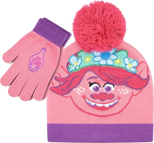 Trolls - Juego de sombrero y guantes para niñas, 2 piezas, sombrero de invierno con guantes de Trolls Poppy para niñas, juego de sombrero y guantes