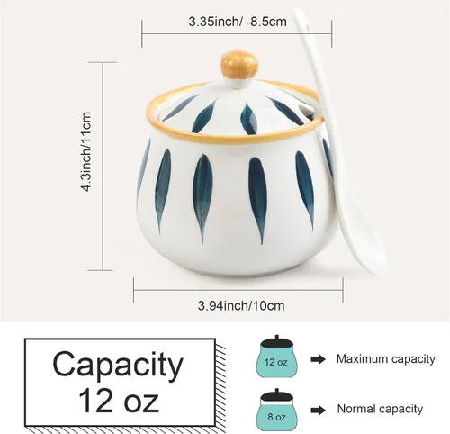 Miniatura 2 de Azucarero de porcelana con tapa y cuchara, tarros de azúcar de cerámica de 12 onzas para cocina y hogar, contenedor de azúcar de granja para barra