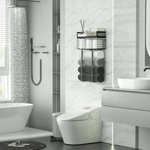 Miniatura 2 de Xstydes Toalleros para baño, toallero de metal con cesta de almacenamiento, toallero de pared para toallas enrolladas, almacenamiento de toallas