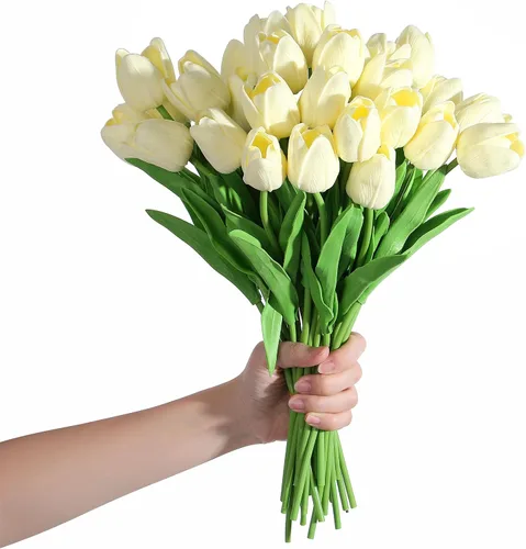 Miniatura 4 de SITUMEIZI 15 tulipanes falsos flores artificiales de tacto real beige de 14 pulgadas flor de poliuretano para decoración del hogar, cocina