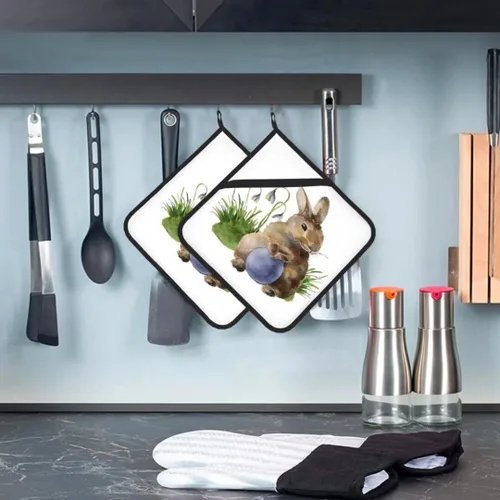 Miniatura 5 de Juego de 2 soportes para ollas de huevos de Pascua, diseño de conejo, hojas de conejo, decoración de cocina, resistente al calor, forro de algodón